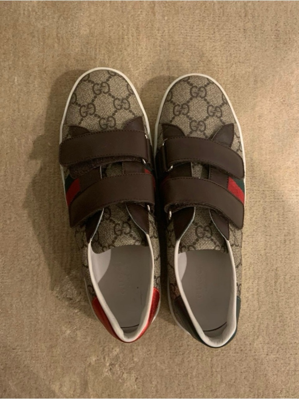 Gucci Brown GG Canvas Kids Sneakers with Red & Green Web